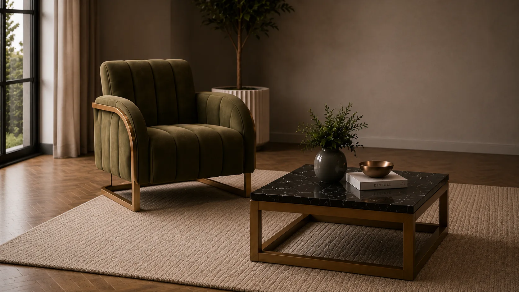 Product CGI render — a green accent chair styled in a room scene