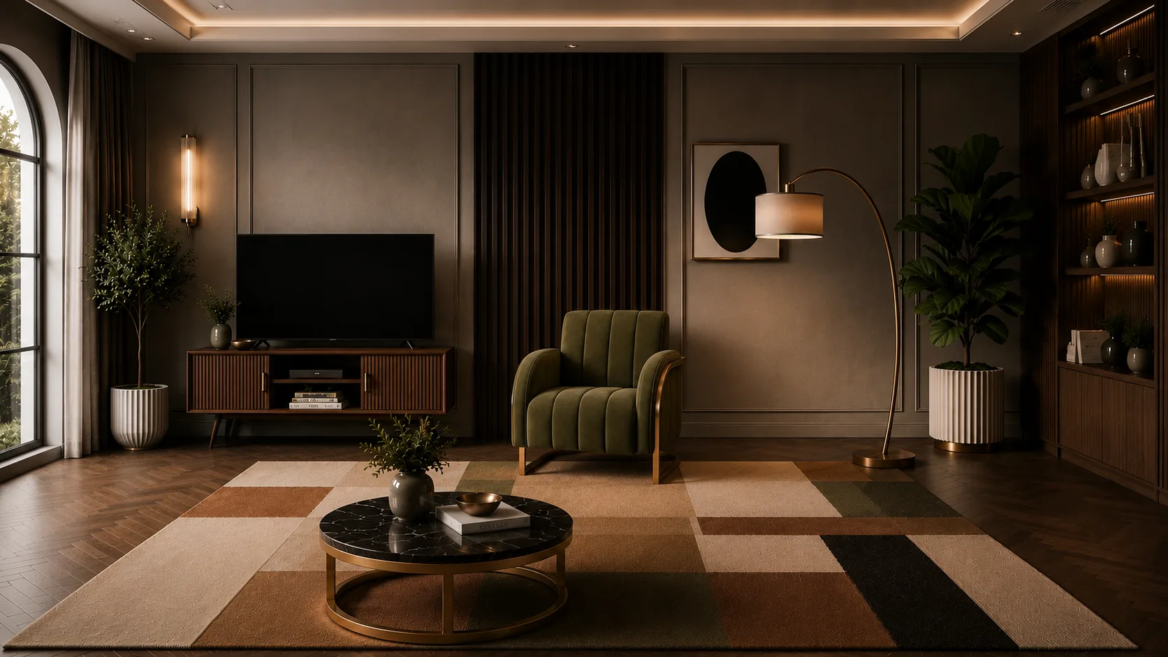 Product CGI render — a green accent chair in a room scene