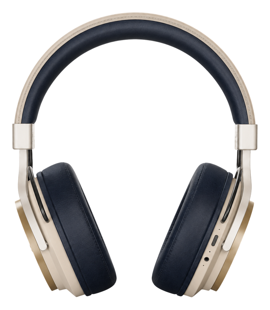 Headphone product render generated by Kaedim — Navy / sand colourway