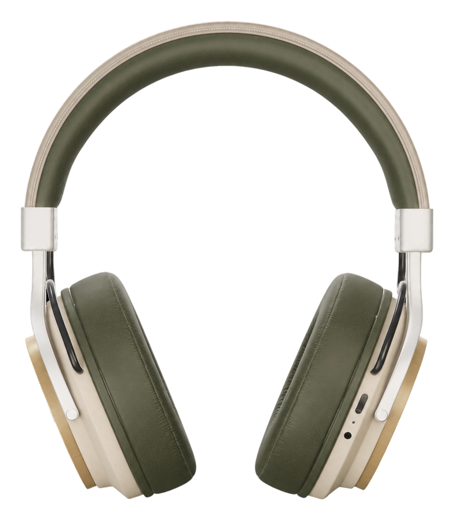 Headphone product render generated by Kaedim — Olive / walnut colourway