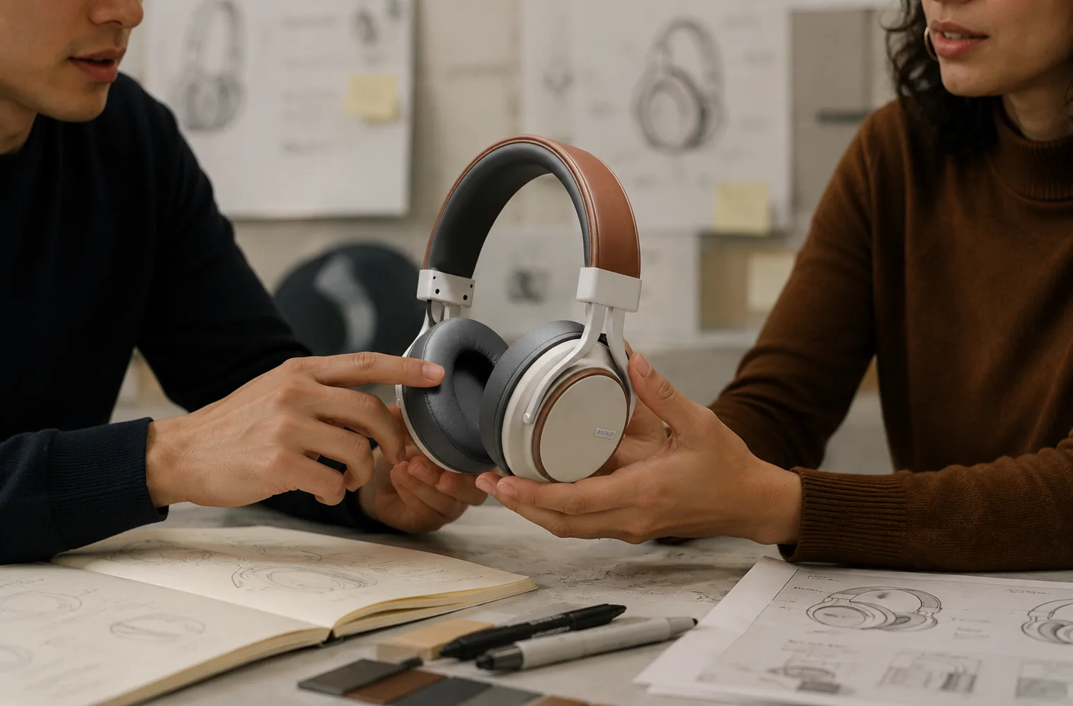 The headphone prototype reviewed in the room — held in hand during a design review